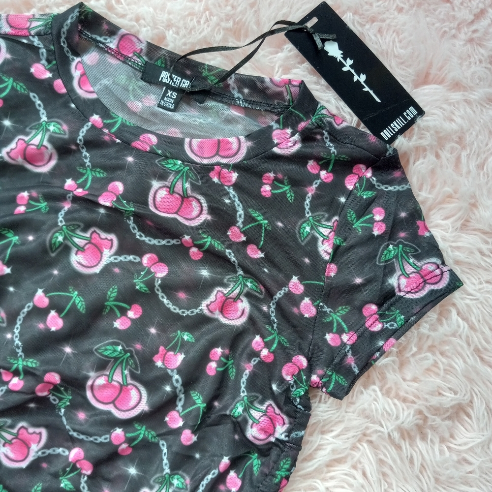 SOLD! Dolls Kill cherries ruched baby doll top! Sheer mesh kawaii cute nwt top! - Picture 9 of 13